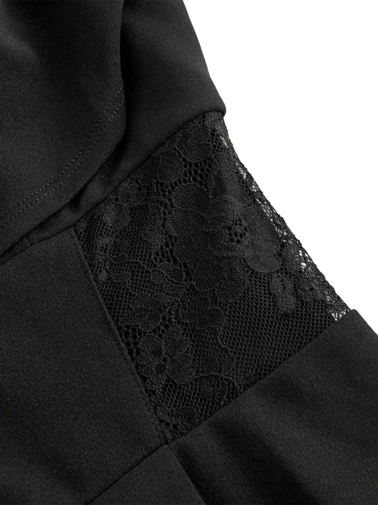 Schwarz 1950er Solide Schalkragen Spitze Patchwork Jumpsuit