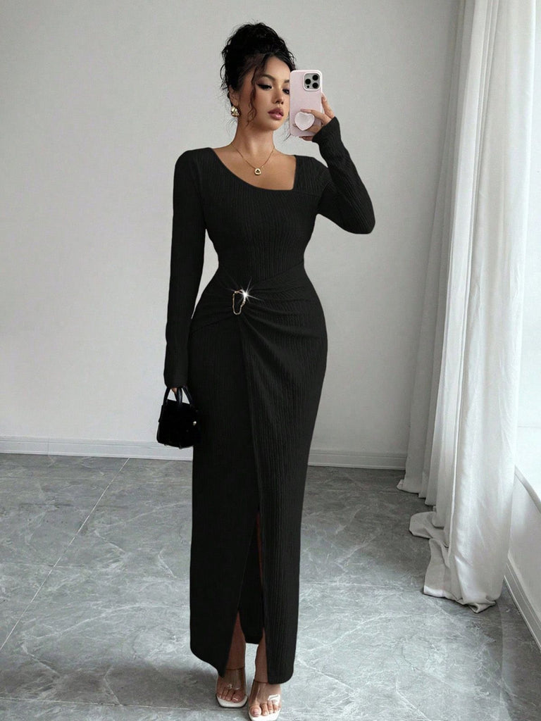 1930er Rippstrick Langarm Split Kleid