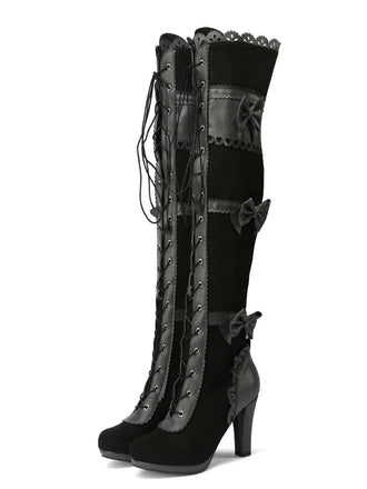 Schwarze lange Vintage-Stiefel mit Schleife, Schnürung und hohem Absatz