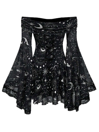 1980er Stern & Mond & Sonnengesicht Schulterfrei Glockenärmel Kleid