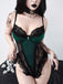 Dunkelgrün 1970er Gothic Samt Spitze Kreuz Bodysuit