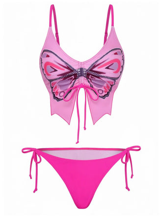 Rosa 70er Bikini-Set mit Schmetterlingsmotiv, Spaghettiträgern und Schnürung