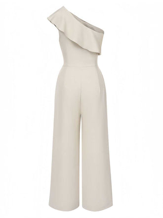Beige 1970er Eine Schulter Stufen Rüschen Jumpsuit