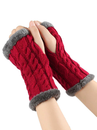 Winter Kunstpelzbesatz Stricken Fingerlos Handschuhe