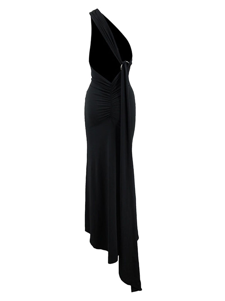 1980er Solide Eine Schulter Rückenfrei Abend Kleid mit Schleppe