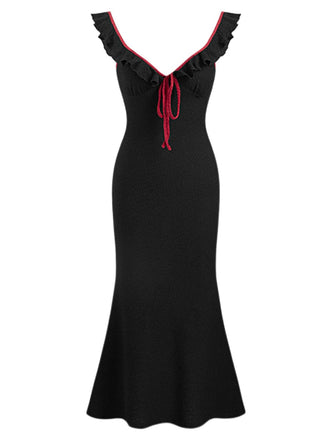 Schwarz 1930er V-Ausschnitt Rüschen Stricken Meerjungfrauenkleid