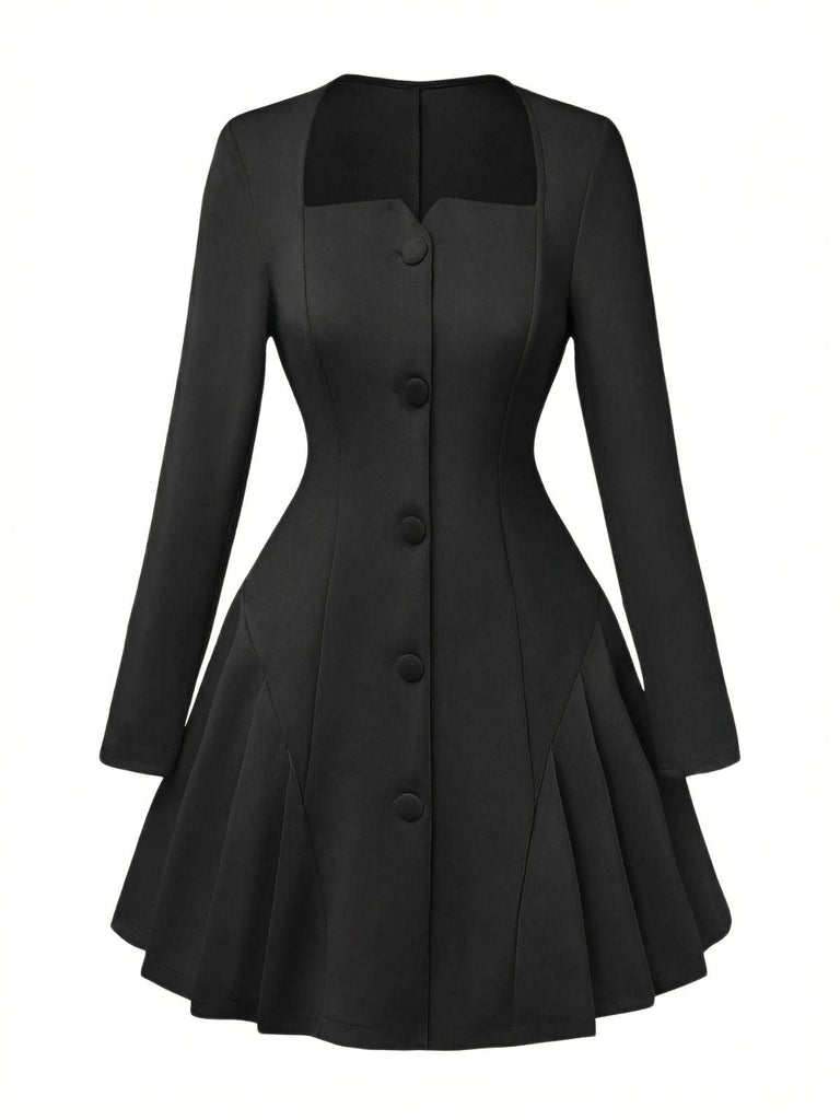 1950er Solide Lang Ärmel Plissiertes Kleid
