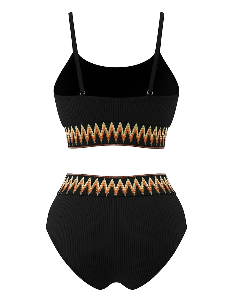 1950er Zigzag Muster Hochgeschnitten Gerippt Bikini Set
