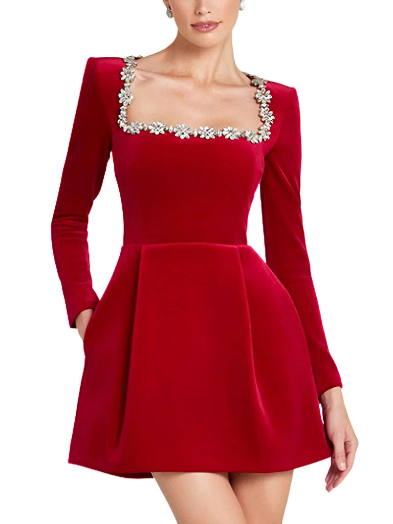 Rot 1960er Samt Diamant Quadrat Hals Kleid