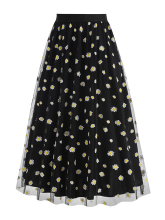 1940er Gänseblümchen Netz Hohe Taille A-Linie Rock