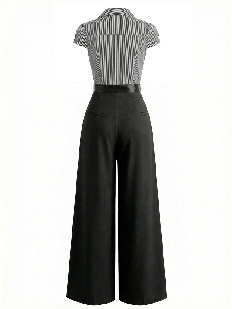 [Vorverkauf] Schwarz 1950er Streifen Schnürung Jumpsuit