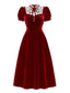 [Vorverkauf] Rot 1940er Samt Spitze Bogen Puffärmel Kleid