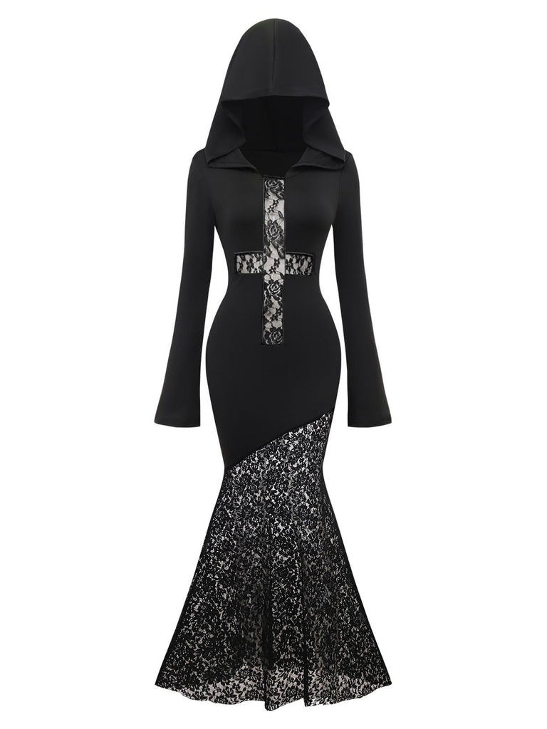 Schwarz 1970er Gothic Spitze Kreuz Kapuze Meerjungfrauen Kleid