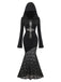 Schwarz 1970er Gothic Spitze Kreuz Kapuze Meerjungfrauen Kleid