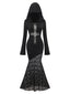 Schwarz 1970er Gothic Spitze Kreuz Kapuze Meerjungfrauen Kleid