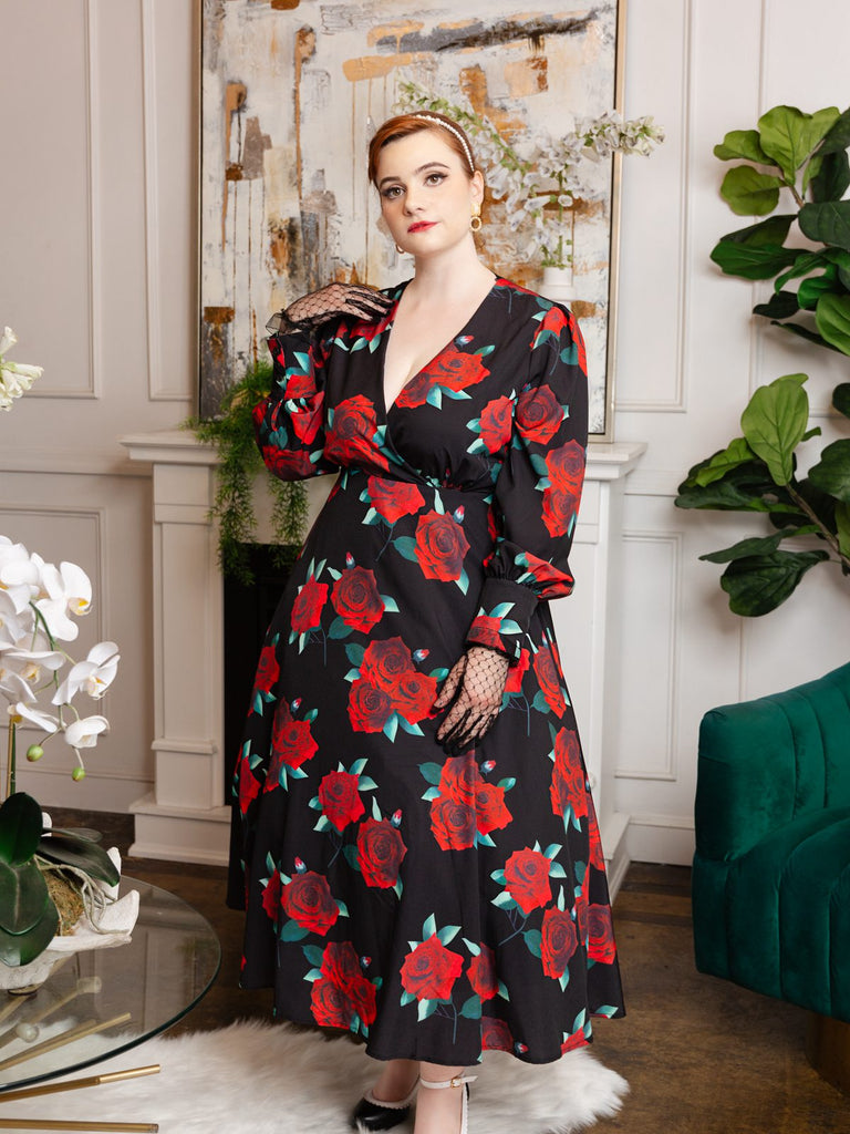 SCHWARZES ROSEN LATERNEN ÄRMEL SCHNÜRKLEID
