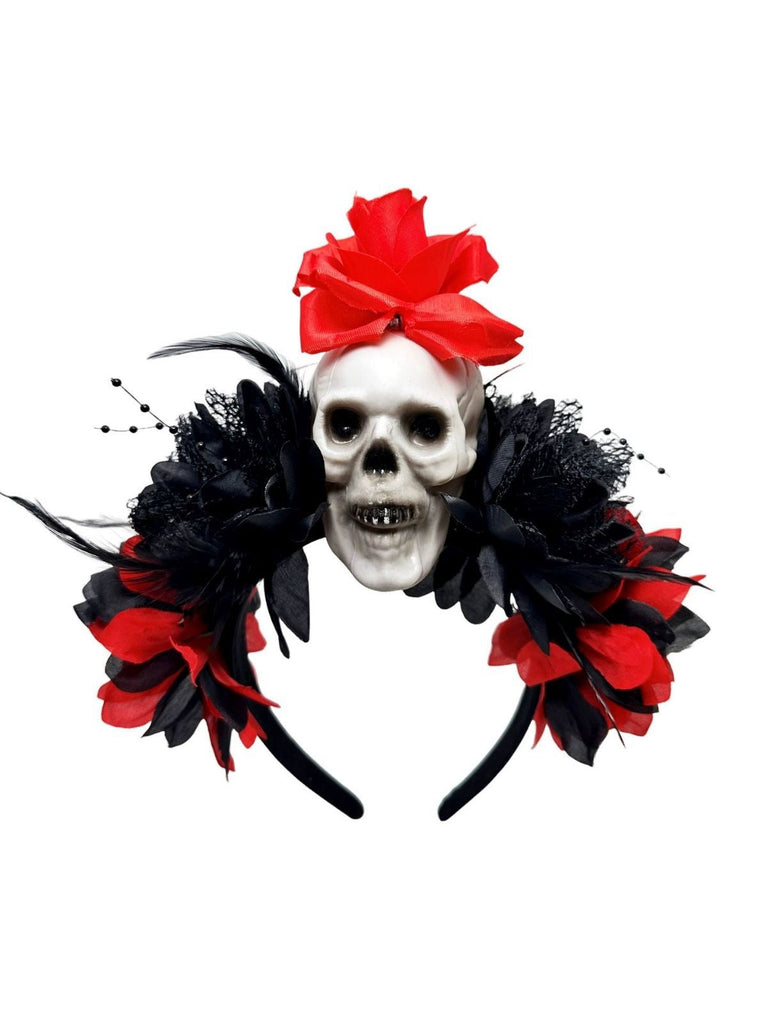 Dunkler Horror Schädel Feder 3D-Blumen Stirnband