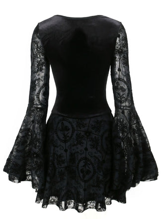 Schwarz 1960er Gothic Beflocktes Kleid