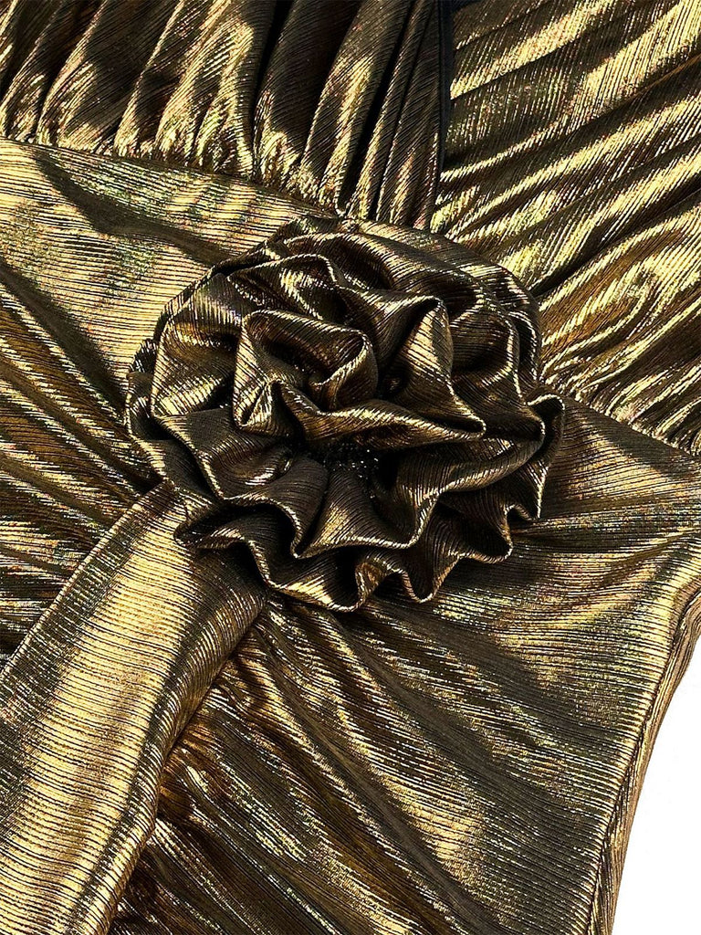 1930er Metallic Strukturiert Blumen Tailliert Fischschwanz Kleid