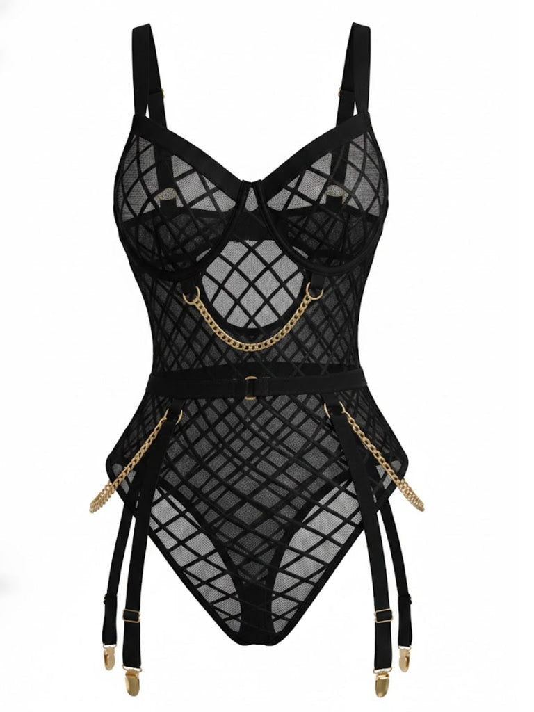 Rot 1970er Riemchen Ketten Akzente Durchsichtig Netz Lingerie