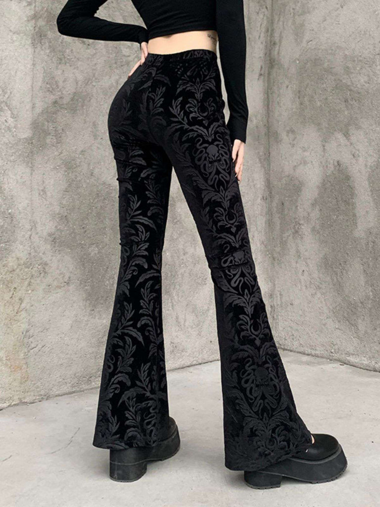 Schwarz 1980er Punk Rebe Drucken Samt Bootcut Hose