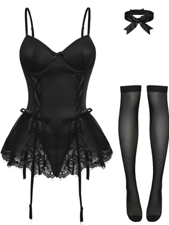 Schwarzes 60er Korsett-Body-Set mit Spitzenbesatz