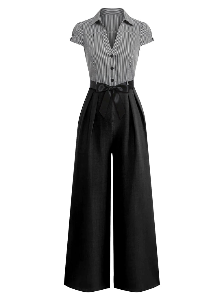 [Vorverkauf] Schwarz 1950er Streifen Schnürung Jumpsuit