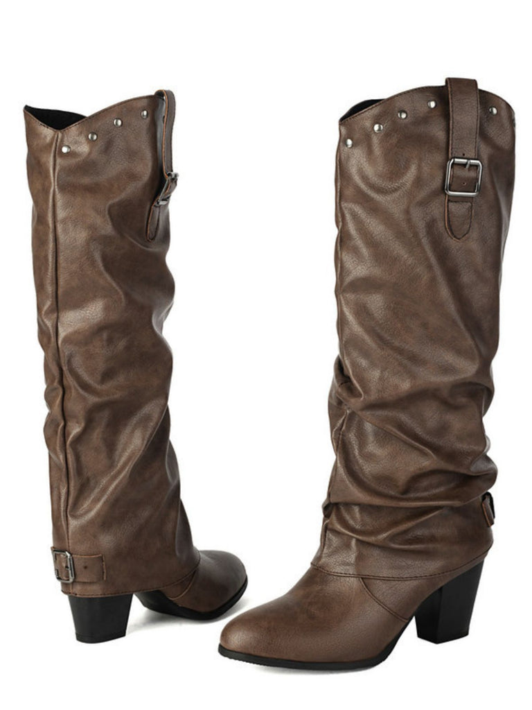 Vintage Genietet Schnalle Wadenmitte Stiefel