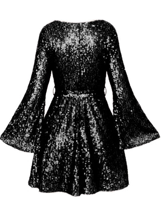Schwarz 1970er V-Ausschnitt Schlagärmel Pailletten Disco Kleid