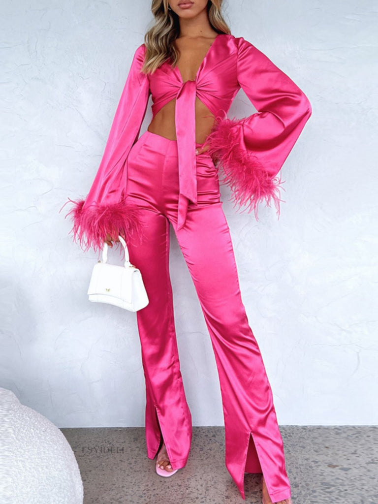 2PCS 1970er Feder Cuff Tie-Up Crop Top & Schlitz Hose