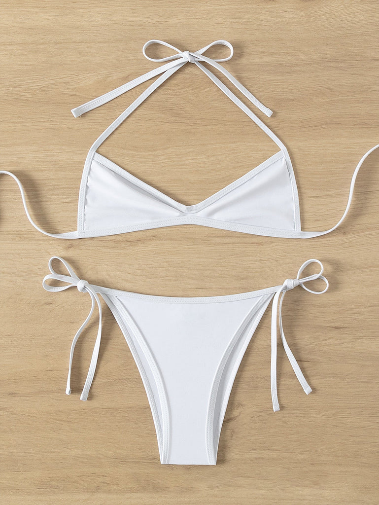 1960er Solide Gerafft Halter Schnürung Bikini Set