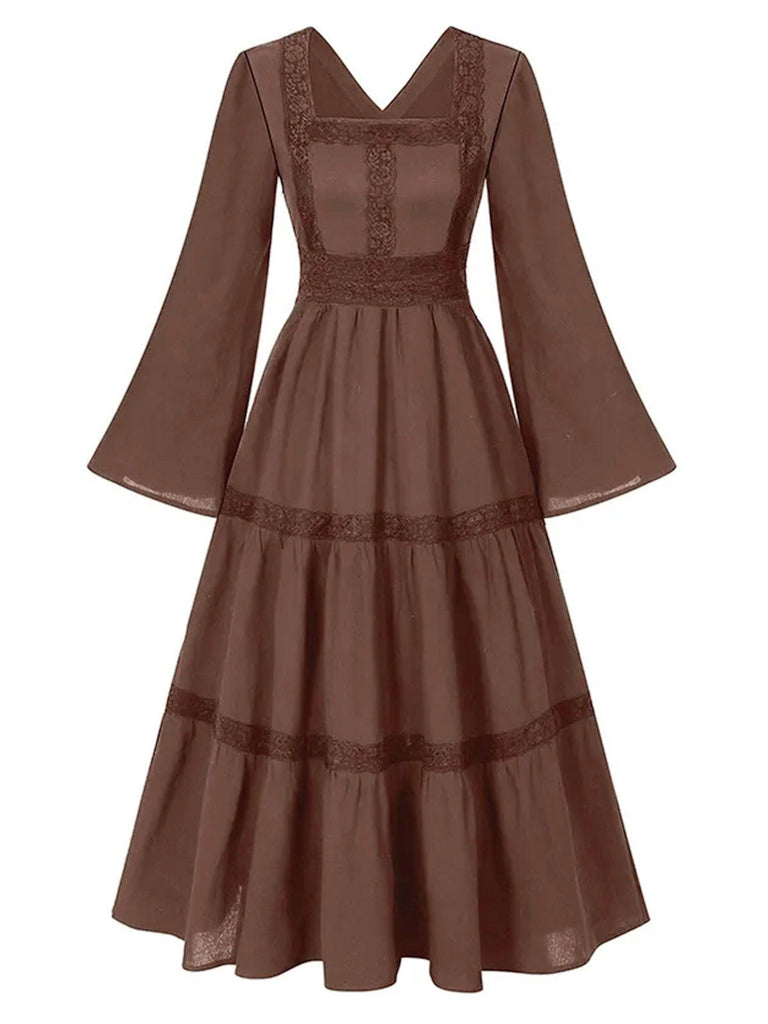 Braun 1970er Viktorianischer Stil Quadratischer Hals Spitze Kleid