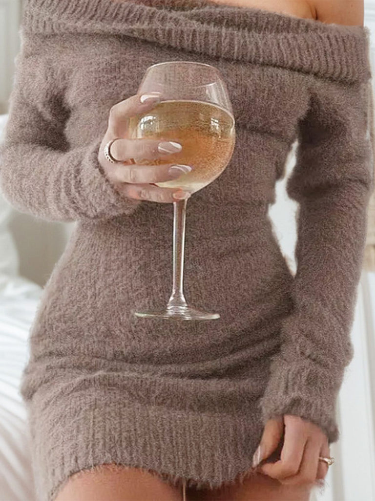 1980er Schulterfrei Mohair Lang Ärmel Kleid