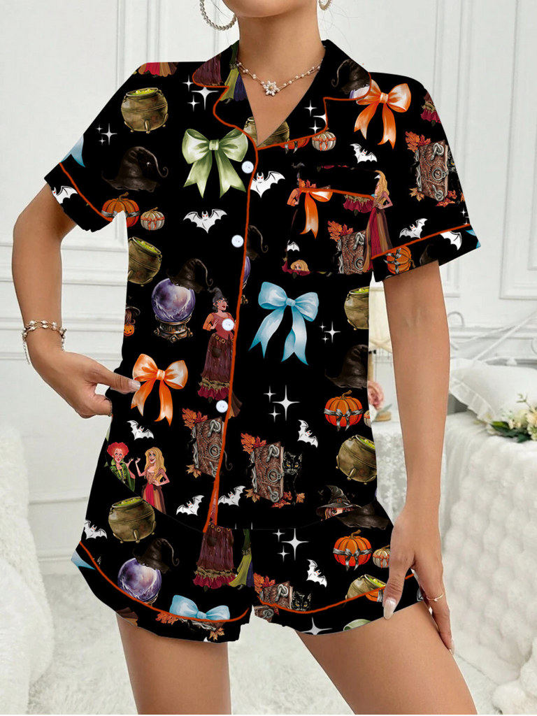 1970er Halloween Hexendruck Satin Pyjama