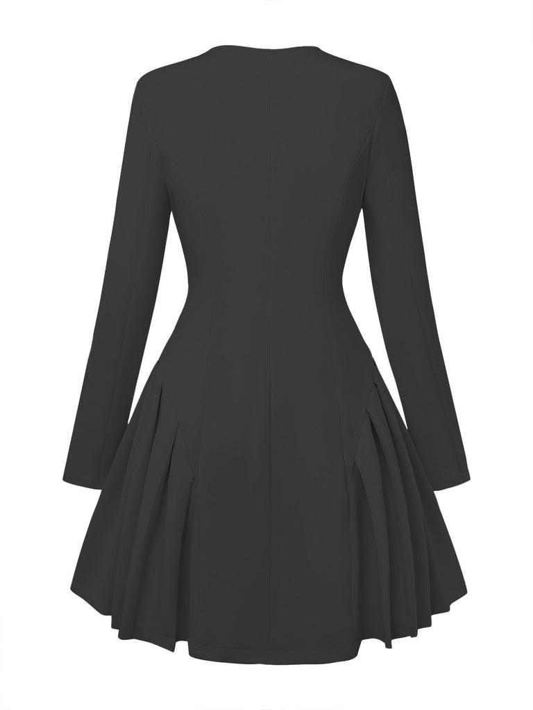 1950er Solide Lang Ärmel Plissiertes Kleid