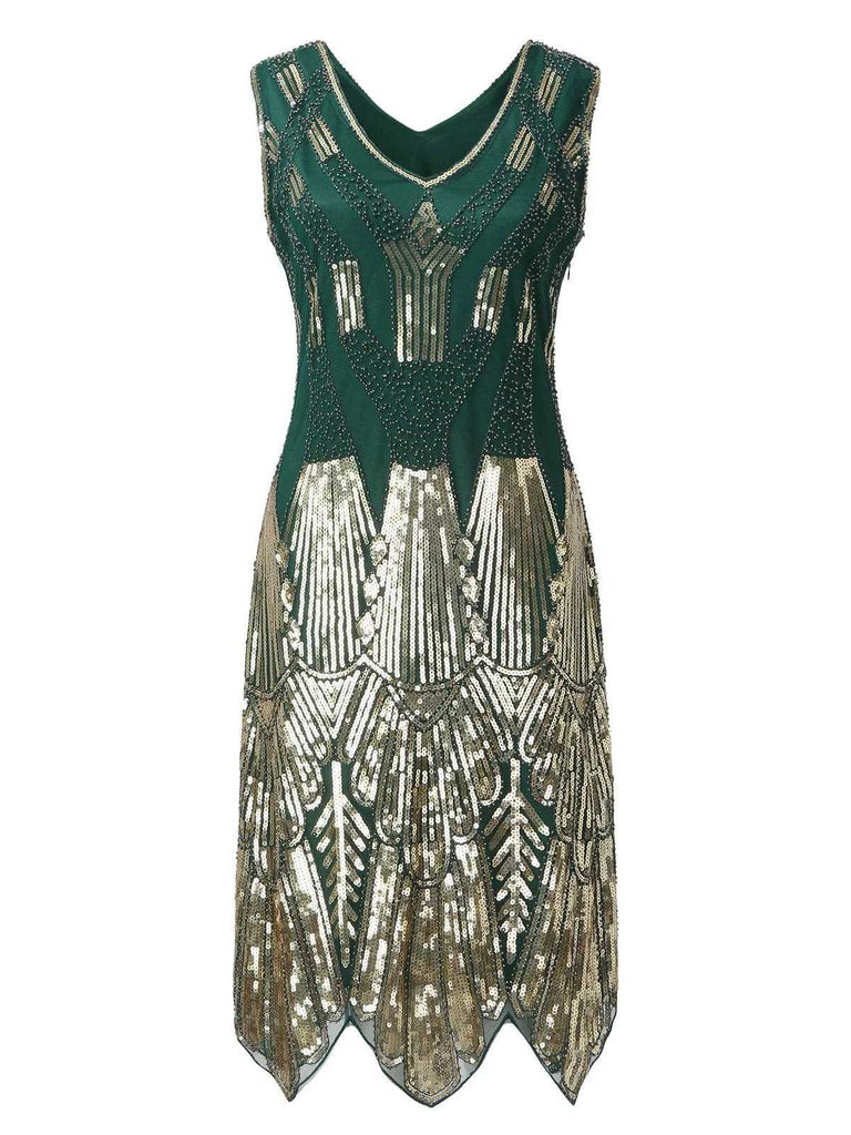 Dunkelgrün 1920er V-Ausschnitt Pailletten Flapper Kleid