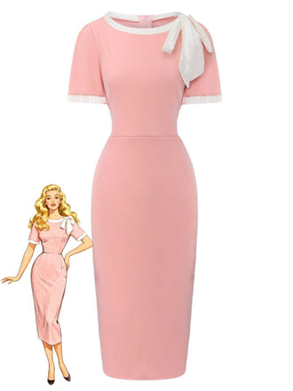 1960er Rundhals Farbblock Bogen Enges Kleid