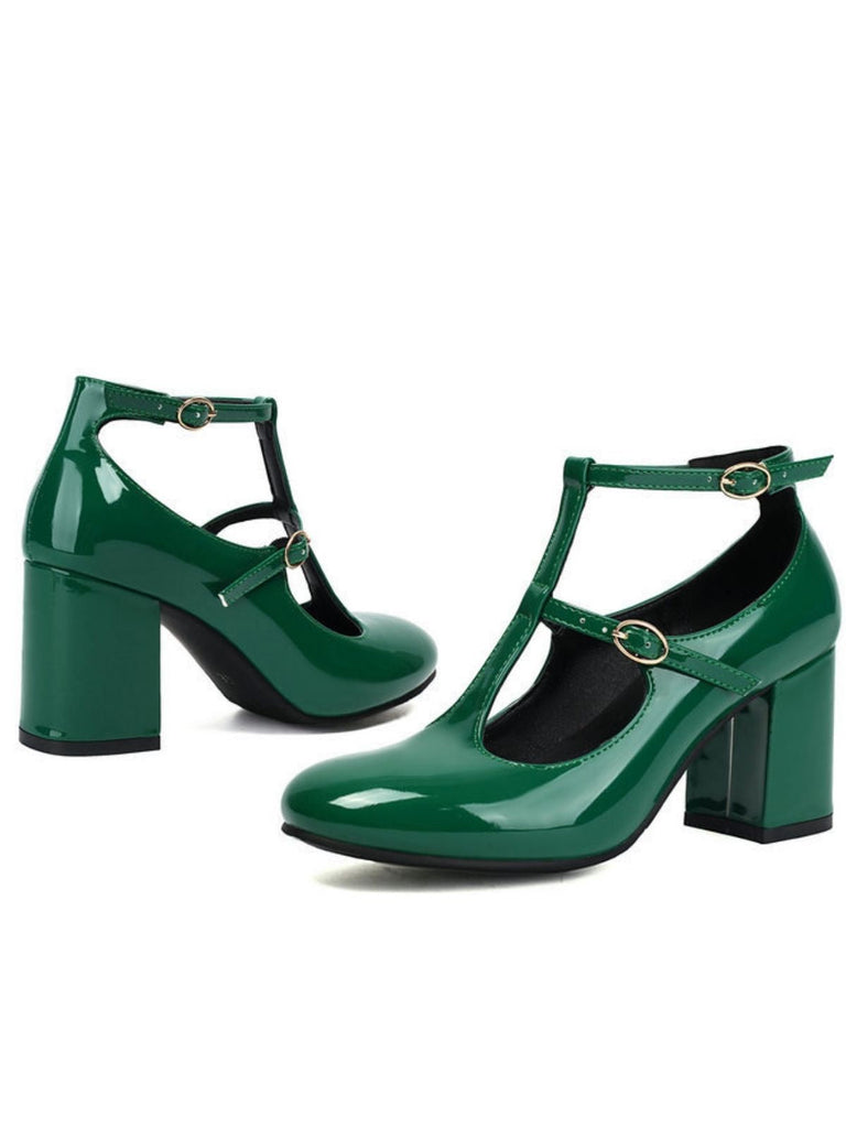 Vintage Lackleder T-Riemen Klobig Absatz Schuhe