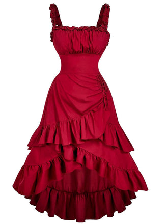 Rotes 1950er Träger Gerafft Gestuft Rüschen Saum Kleid