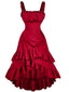 Rotes 1950er Träger Gerafft Gestuft Rüschen Saum Kleid