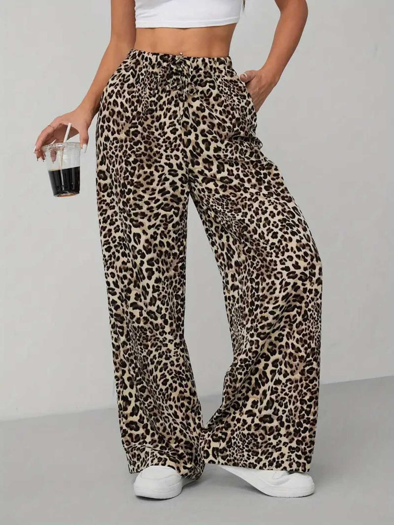 1970er Leopard Weites Bein Kordelzug Hose