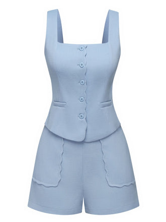 2PCS 1960er Breite Träger Tasten Quadratischer Hals Top & Shorts