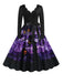 Schwarzes 1950er Halloween V-Ausschnitt Kürbis Swing Kleid