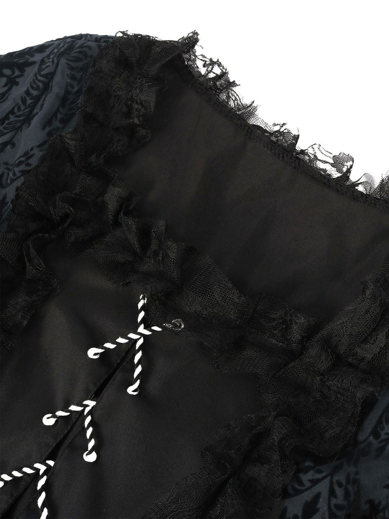 Schwarz 1950er Gothic Viktorianisch Spitze Glockenärmel Kleid