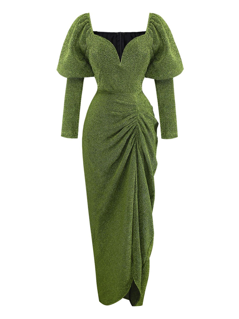 Grün 1960er Gerüschtes Puffärmel Midi Kleid