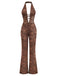 Braun 1970er Solide Schnürung Blumen Spitze Jumpsuit