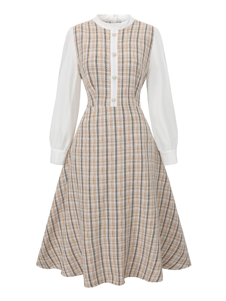 Khaki 1940er Vintage Patchwork Langärmel Kleid