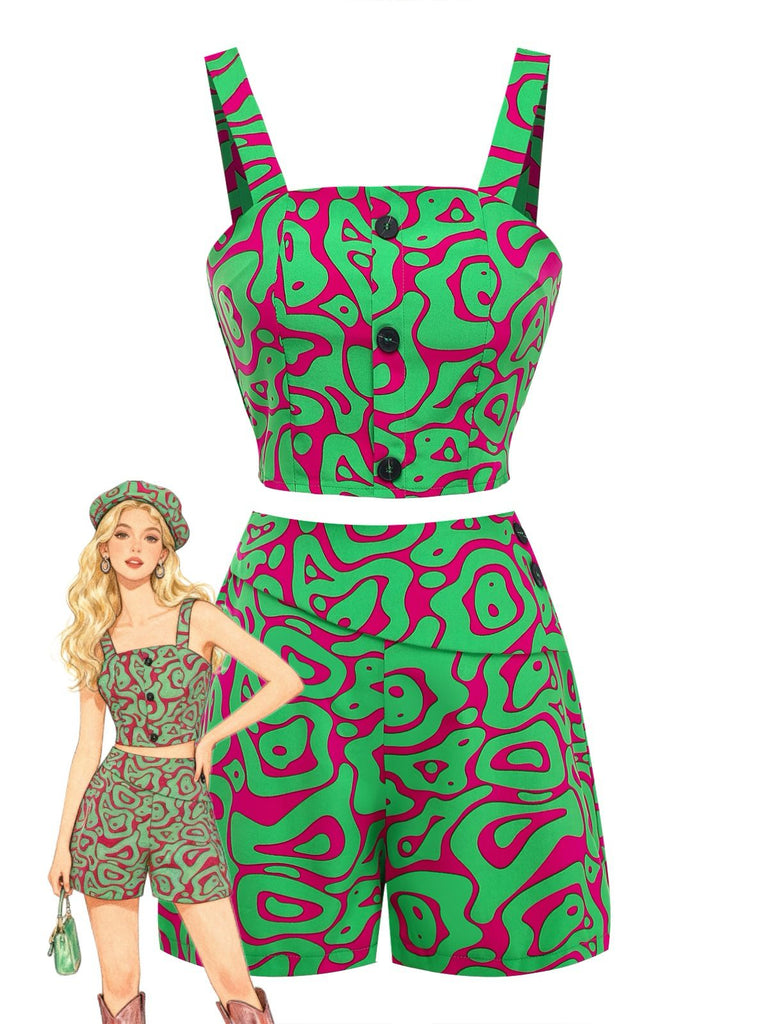 2PCS Grün 1970er Abstrakt Muster Kurz Top & Shorts