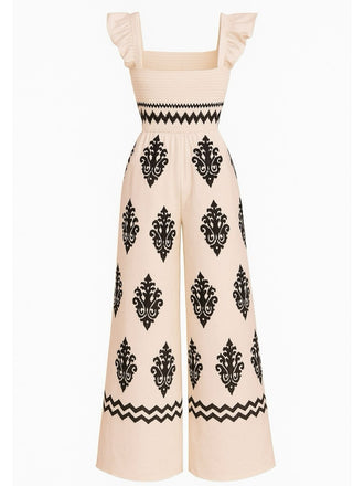 1970er Boho Geometrisch Quadratischer Hals Jumpsuit