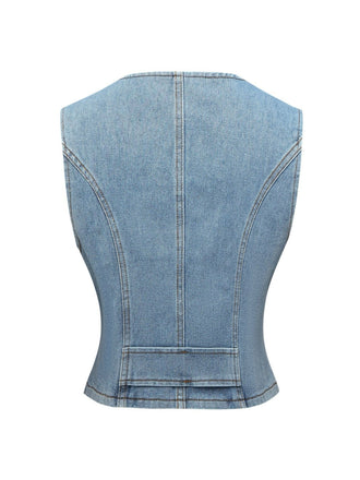 Hellblau 1970er V-Ausschnitt Denim Kurze Weste